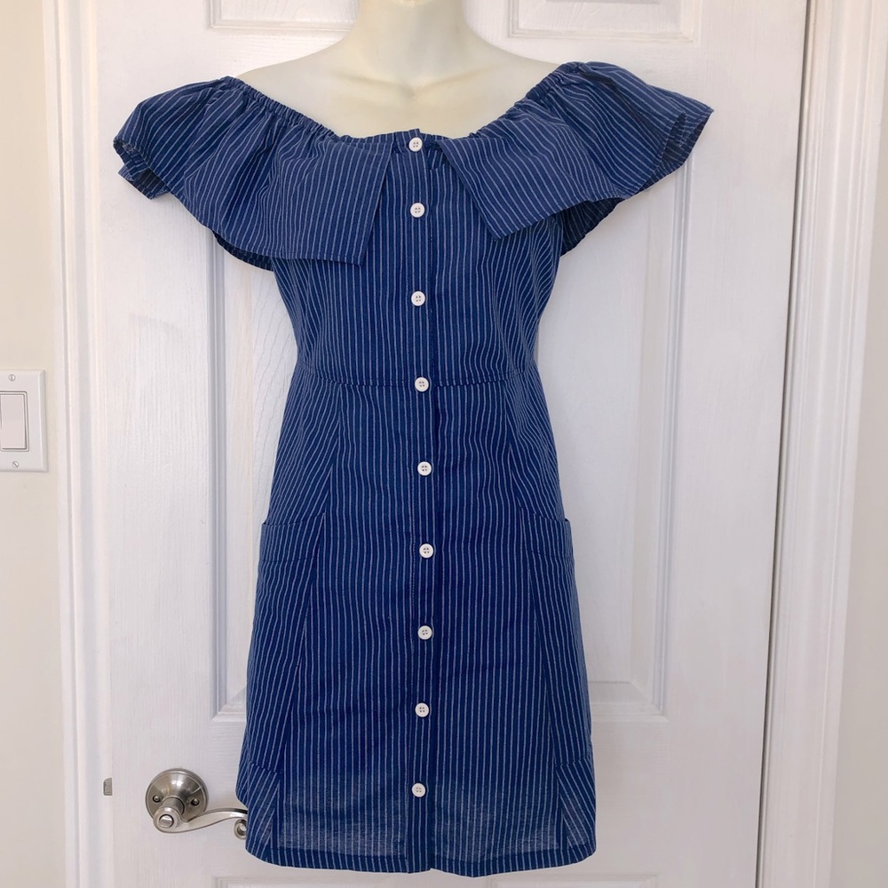 New! Allison & Kelly off-shoulder sailor dress with pockets, blue pinstripe, sm